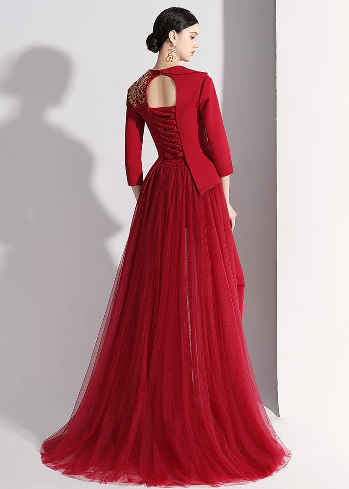 Diy Red Notched Patchwork Detachable Tulle Ribbon Coats and Crop Pants Silk Two Pieces Set Fall