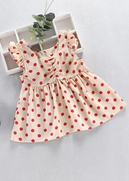 Diy Red O-neck Dot Print Wrinkled Kids Mid Dress Sleeveless