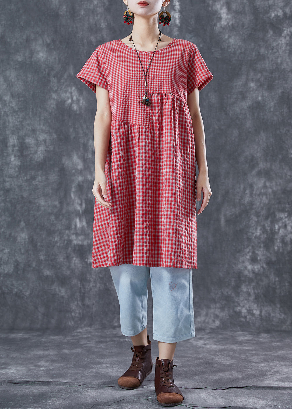 Diy Red Oversized Patchwork Plaid Linen Dresses Summer
