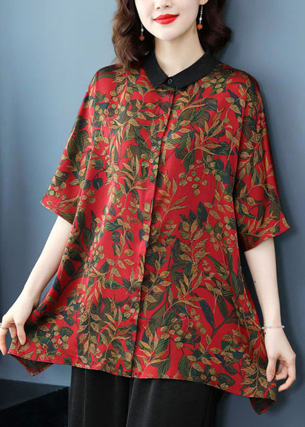 Diy Red Peter Pan Collar Print Patchwork Silk Shirts Summer