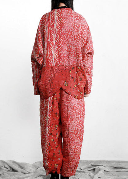 Diy Red Print Patchwork Asymmetrical Design Fall Two Pieces Set