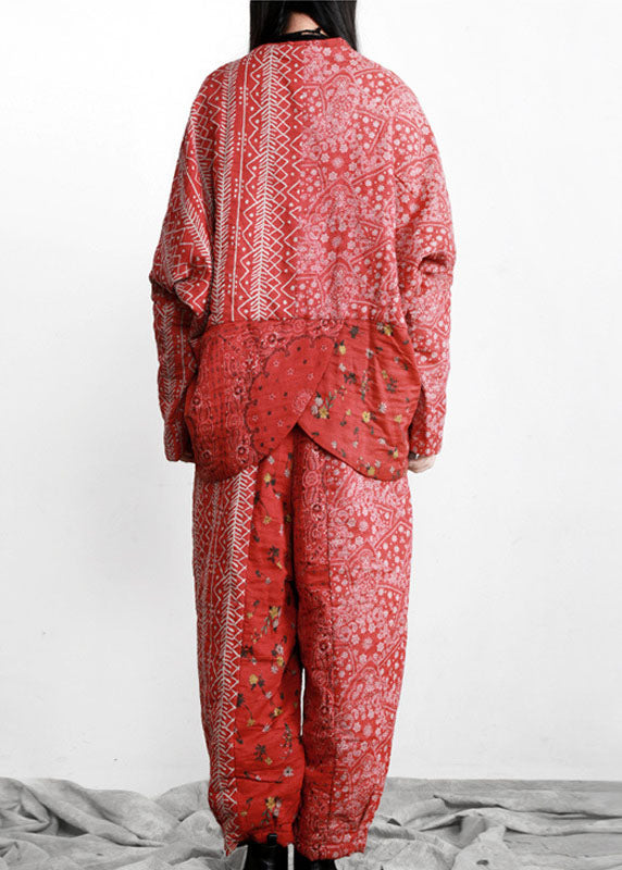 Diy Red Print Patchwork Asymmetrical Design Fall Two Pieces Set