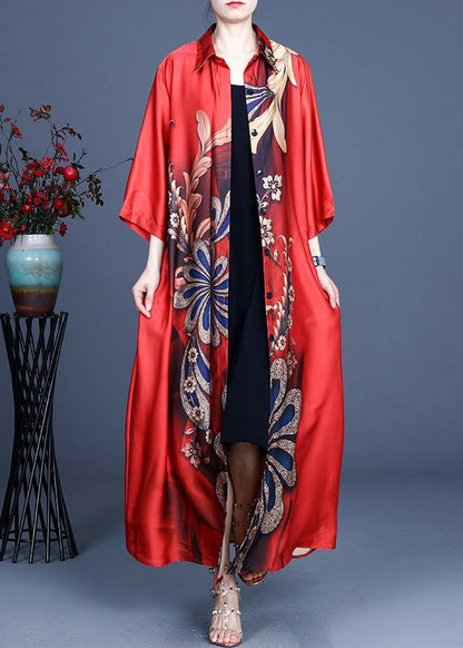 Diy Red Print Spring Loose Coat Long