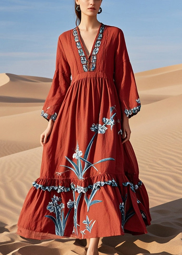 Diy Red Ruffled Print Cotton Maxi Dresses Spring