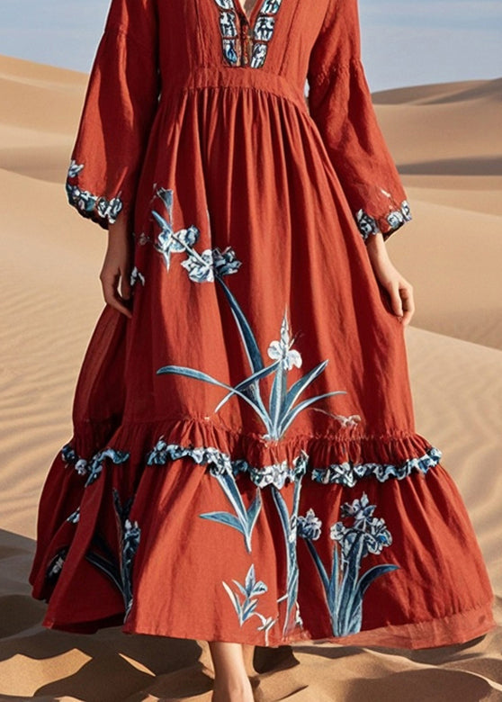 Diy Red Ruffled Print Cotton Maxi Dresses Spring