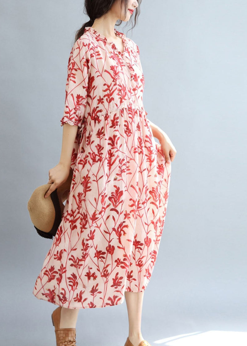 Diy Red Ruffled Print Linen Holiday Dress Half Sleeve