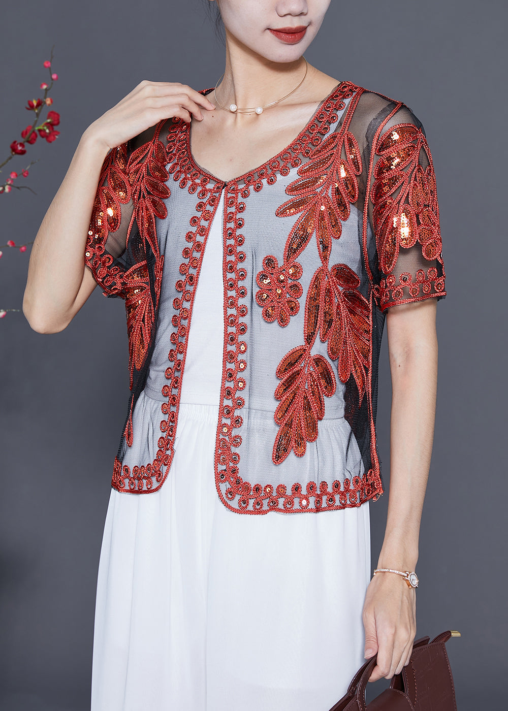 Diy Red Sequins Hollow Out Tulle Cardigan Summer