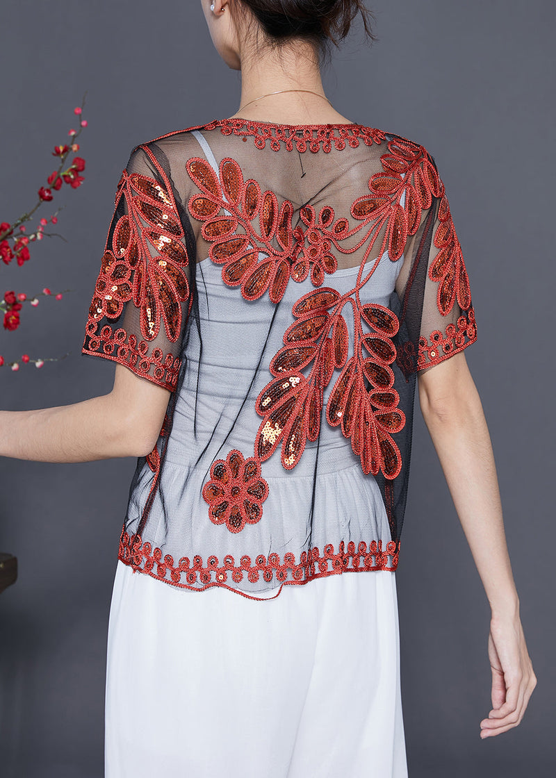 Diy Red Sequins Hollow Out Tulle Cardigan Summer