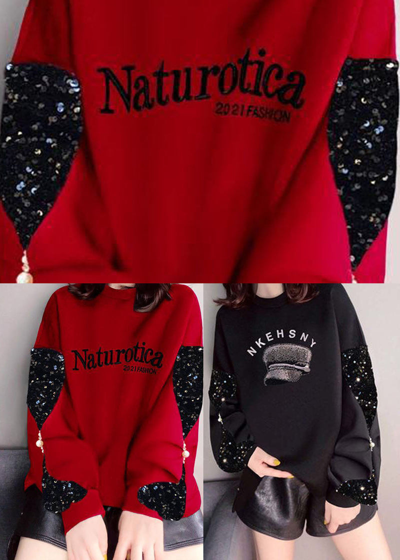 Diy Red Sequins Patchwork Sweatshirts Top Winter