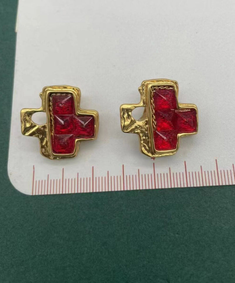Diy Red Sterling Silver Overgild Crystal Asymmetric Stud Earrings Df1008