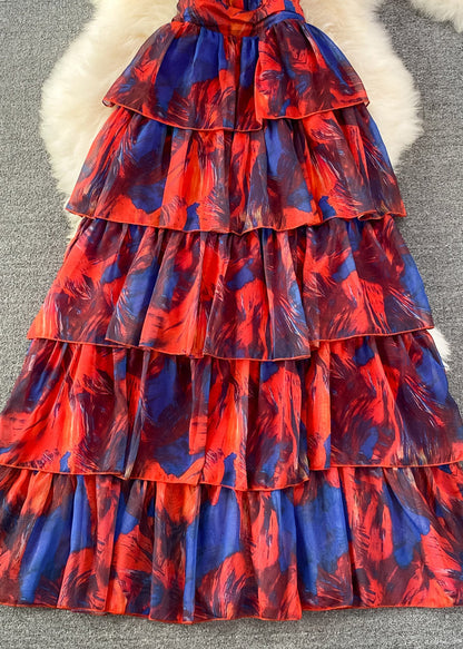 Diy Red V Neck Print Tie Dye Tunic Long Layered Dress Summer