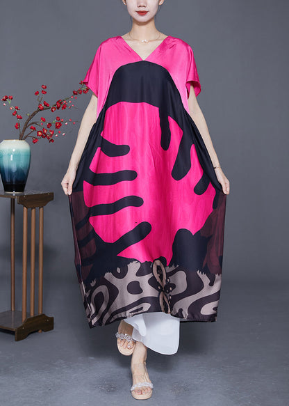Diy Rose V Neck Patchwork Print Silk Maxi Dresses Summer