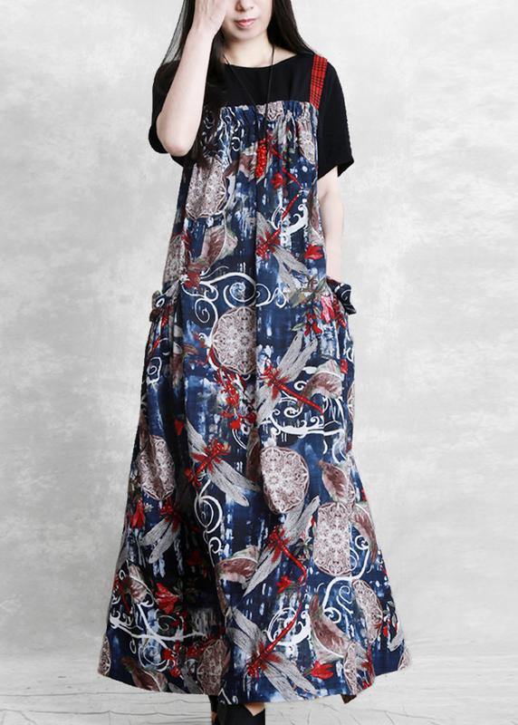Diy Spaghetti Strap Pockets Dress Design Blue Print Dress