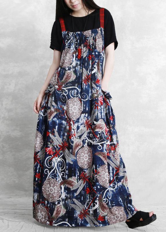 Diy Spaghetti Strap Pockets Dress Design Blue Print Dress