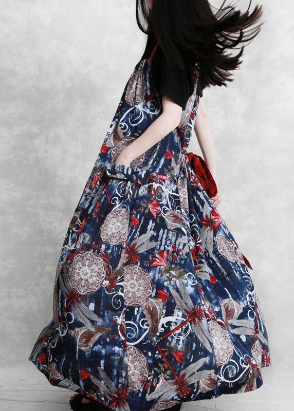 Diy Spaghetti Strap Pockets Dress Design Blue Print Dress