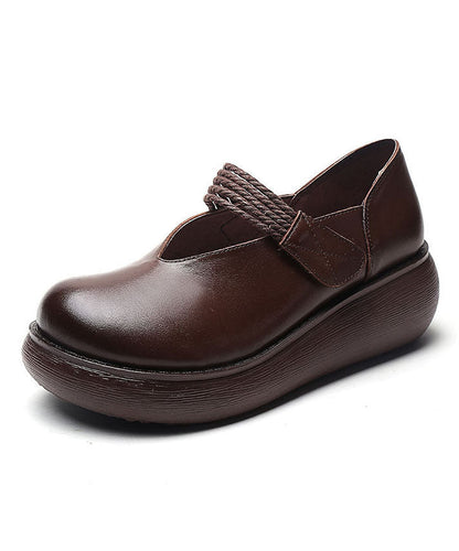 Diy Splicing Chunky High Wedge Heels Shoes Brown Cowhide Leather
