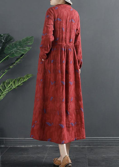 Diy Stand Collar Quilting Dresses Pattern Red Print Long Dress