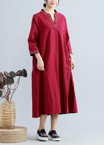 Diy V Neck Spring Outfit Work Burgundy Embroidery Robes Dress