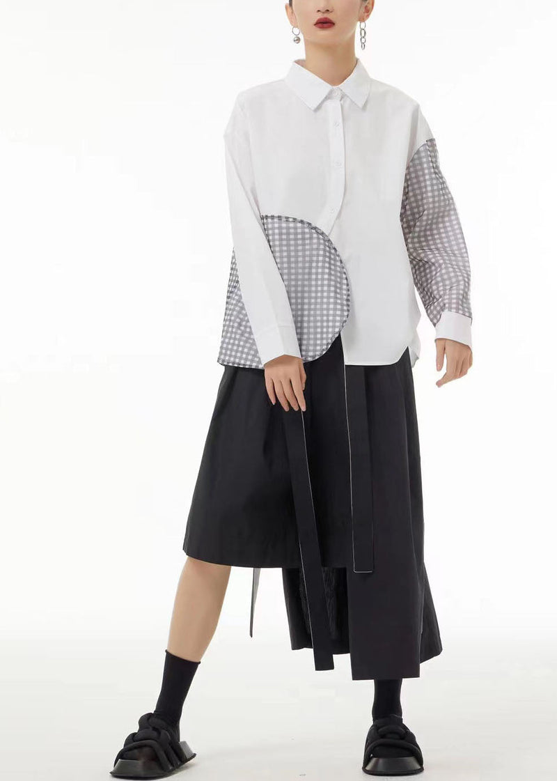 Diy White Asymmetrical Patchwork Plaid Cotton Shirt Summer