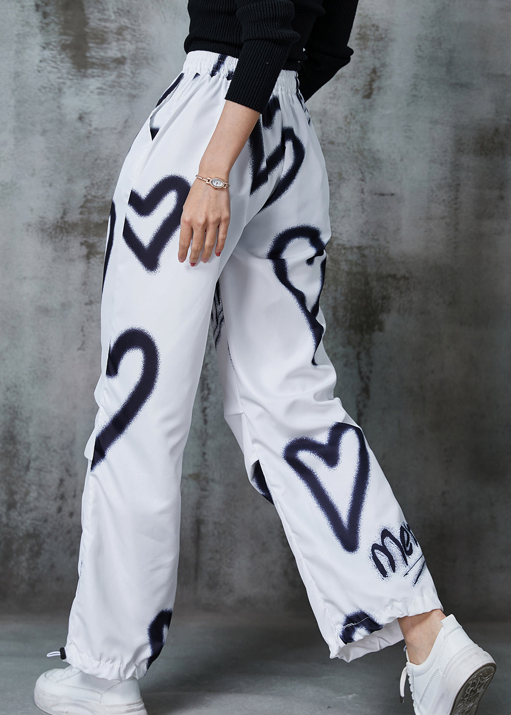 Diy White Love Painting Drawstring Cotton Pants Spring