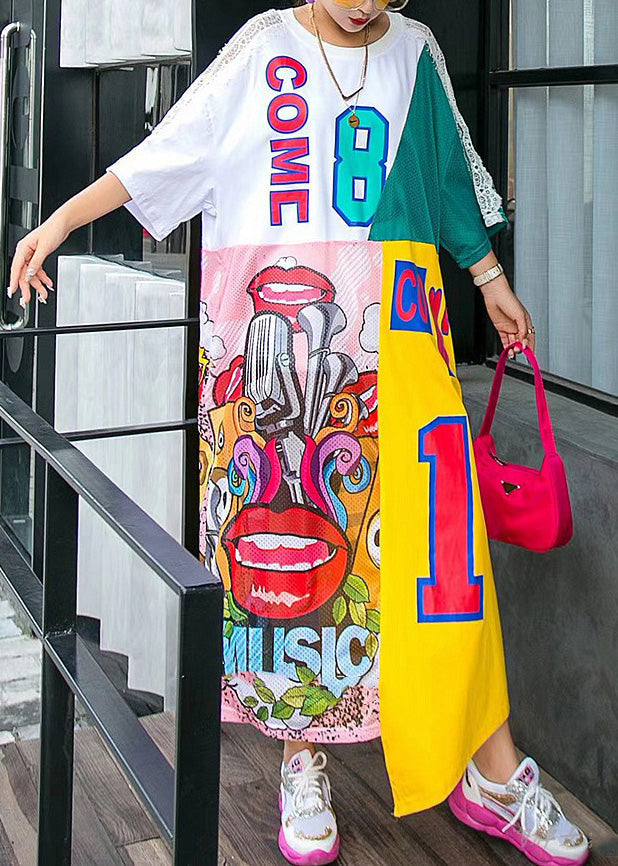 Diy White O-neck Asymmetrical Print Lace Patchwork Long Dress Summer