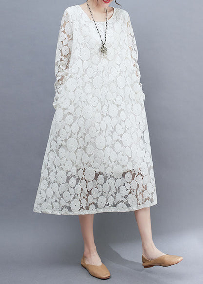 Diy White O-neck Lace Long Dresses Long Sleeve