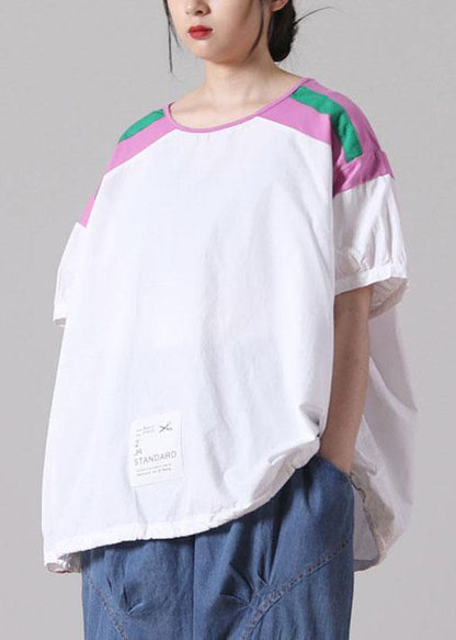 Diy White Patchwork O-neck Cotton Top Short Sleeve