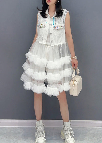 Diy White Peter Pan Collar Print Waistcoat Patchwork Tulle Party Mid Dress Sleeveless