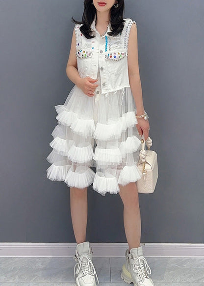 Diy White Peter Pan Collar Print Waistcoat Patchwork Tulle Party Mid Dress Sleeveless
