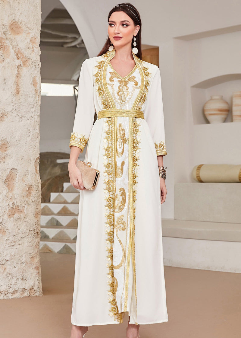 Diy White Stand Collar Lace Patchwork Vacation Maxi Dresses Long Sleeve