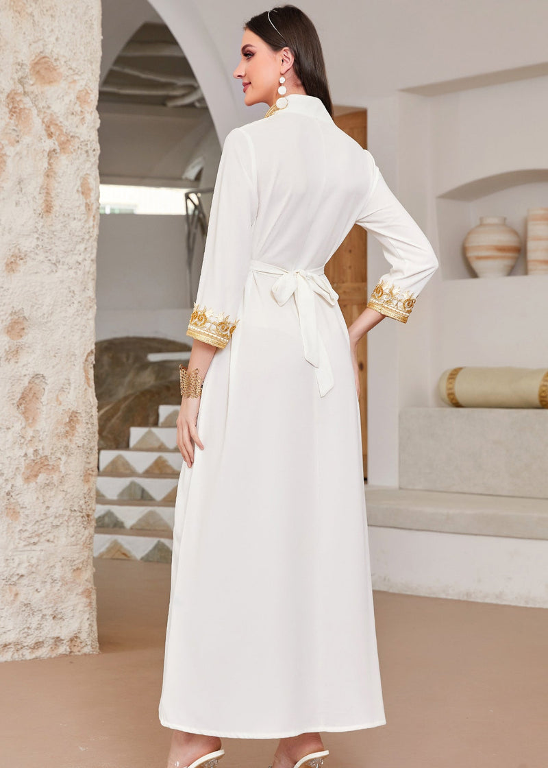 Diy White Stand Collar Lace Patchwork Vacation Maxi Dresses Long Sleeve