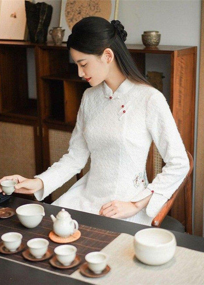 Diy White Stand Collar Patchwork Wrinkled Button Cotton Maxi Dresses Long Sleeve