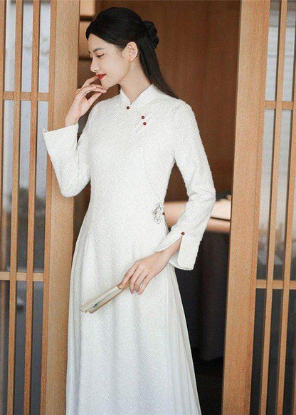 Diy White Stand Collar Patchwork Wrinkled Button Cotton Maxi Dresses Long Sleeve