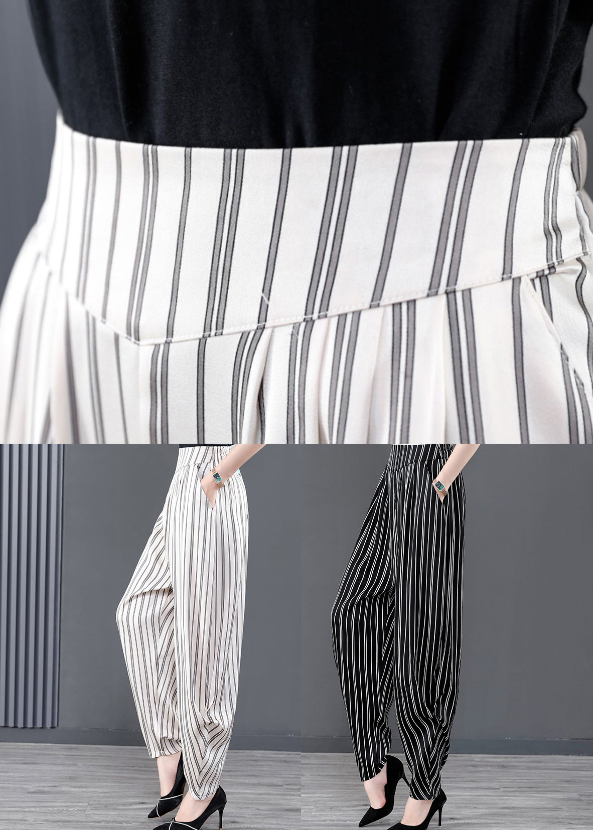 Diy White Striped Pockets Patchwork Chiffon Pants Summer