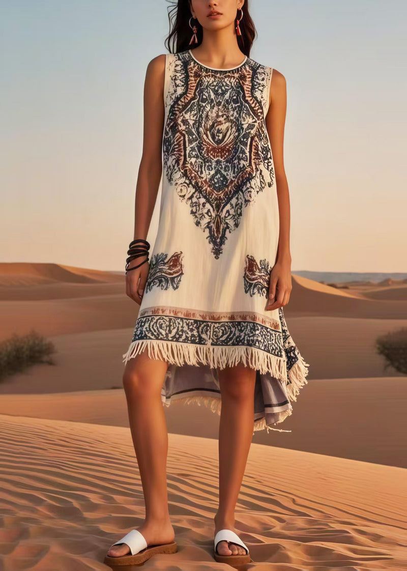 Diy White Tasseled Print Cotton Holiday Dress Sleeveless