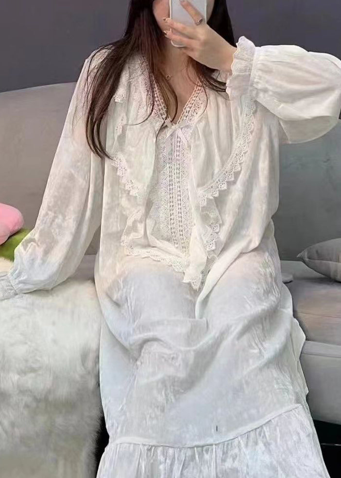 Diy White V Neck Lace Patchwork Silk Velvet Maxi Dresses Spring