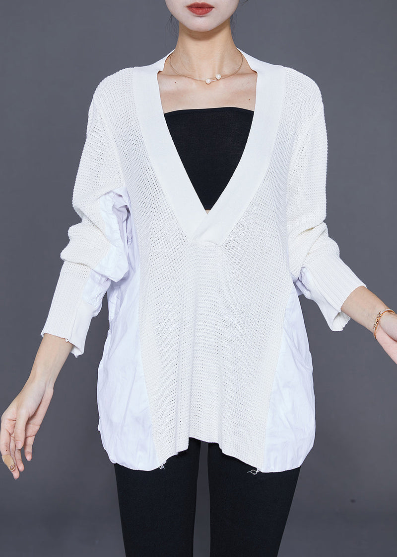 Diy White V Neck Patchwork Wrinkled Knit Top Fall