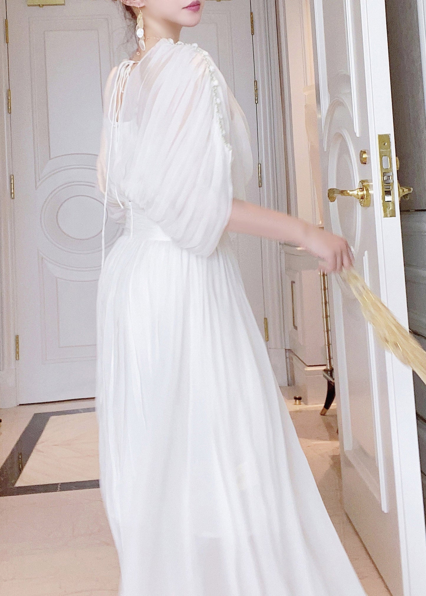 Diy White V Neck Wrinkled Tunic Silk Long Dresses Short Sleeve