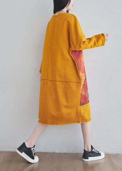 Diy Yellow O Neck Cartoon Print Cotton Long Dress Spring