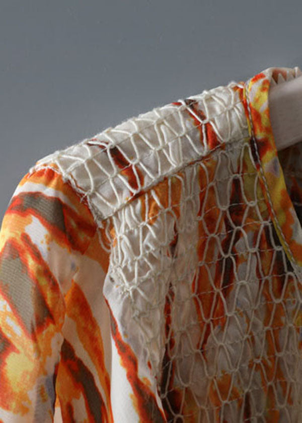 Diy Yellow O Neck Print Patchwork Chiffon Top Spring
