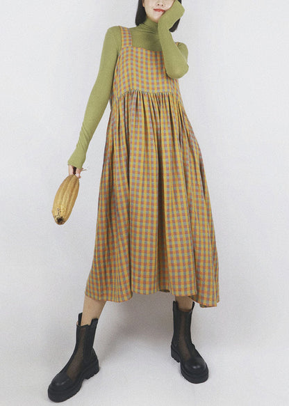Diy Yellow Plaid Patchwork Wrinkled Wear on Both Sides Cotton Vacation Strap Dresses Summer