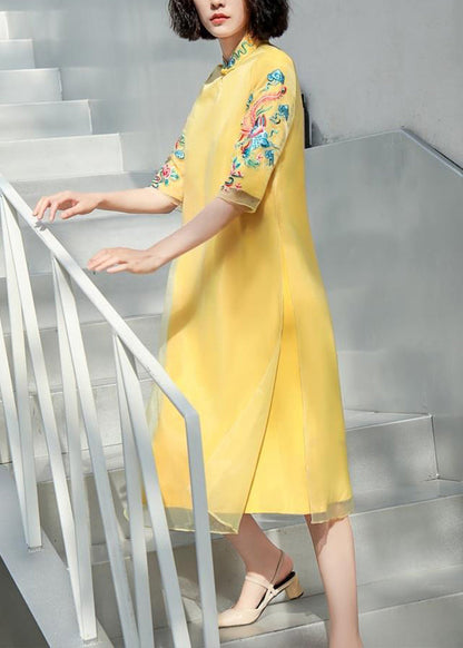 Diy Yellow Stand Collar Embroideried Button Tulle Silk Dress Long Sleeve