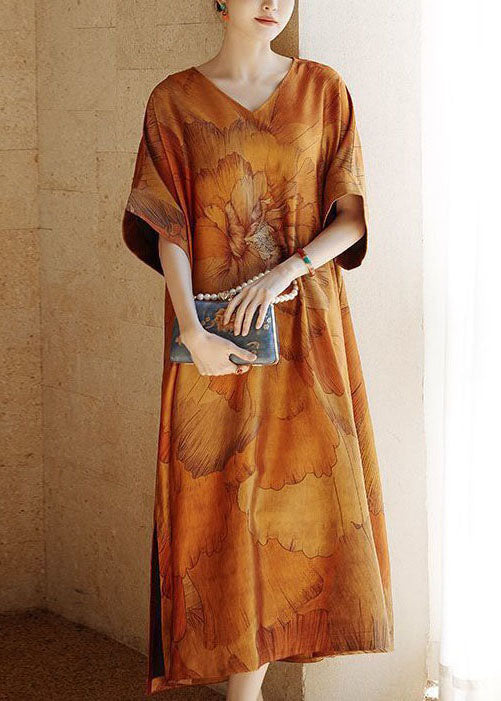 Diy Yellow V Neck Print Side Open Patchwork Silk Dress Summer