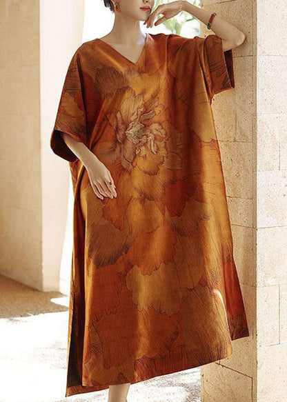 Diy Yellow V Neck Print Side Open Patchwork Silk Dress Summer