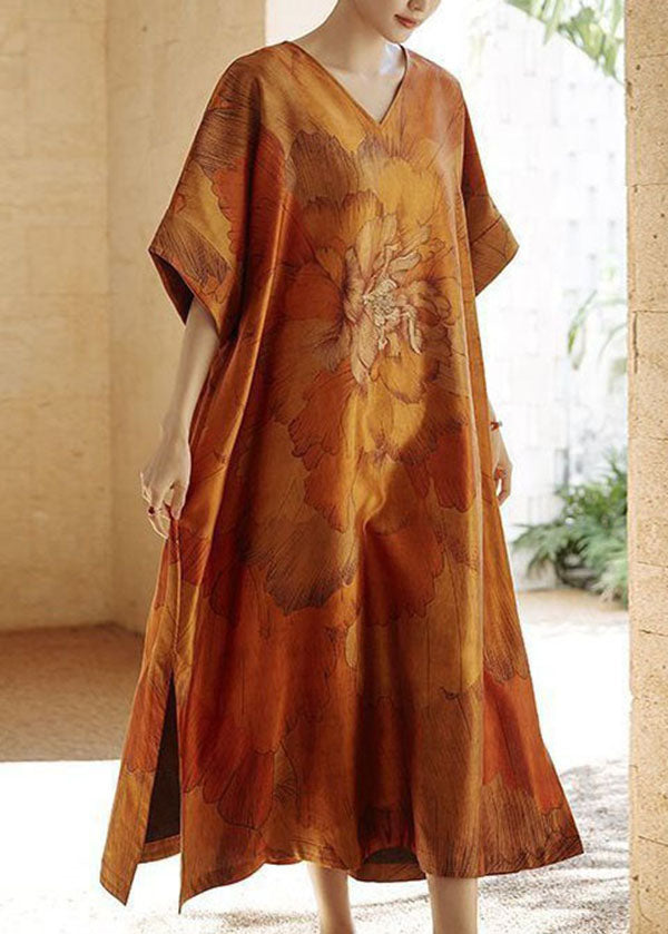 Diy Yellow V Neck Print Side Open Patchwork Silk Dress Summer