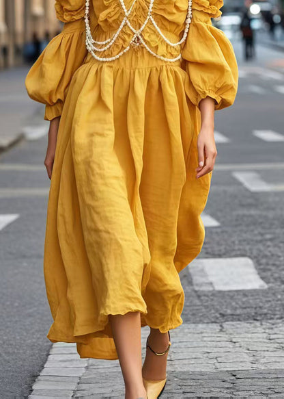 Diy Yellow V Neck Wrinkled Nail Bead Vacation Dresses Spring