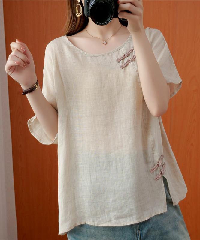 Diy Beige Blouses for O Neck Chinese Button Blouses