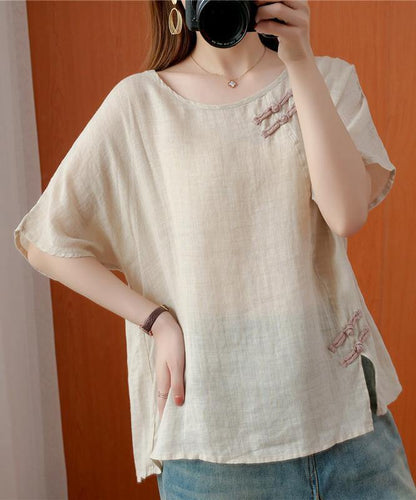 Diy Beige Blouses for O Neck Chinese Button Blouses