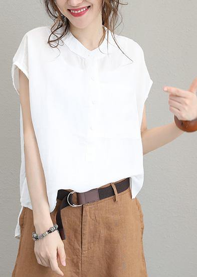 Diy Beige White Linen Shirts Short Sleeve Baggy Low High Design Tops