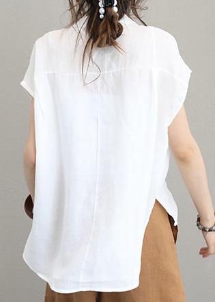 Diy Beige White Linen Shirts Short Sleeve Baggy Low High Design Tops